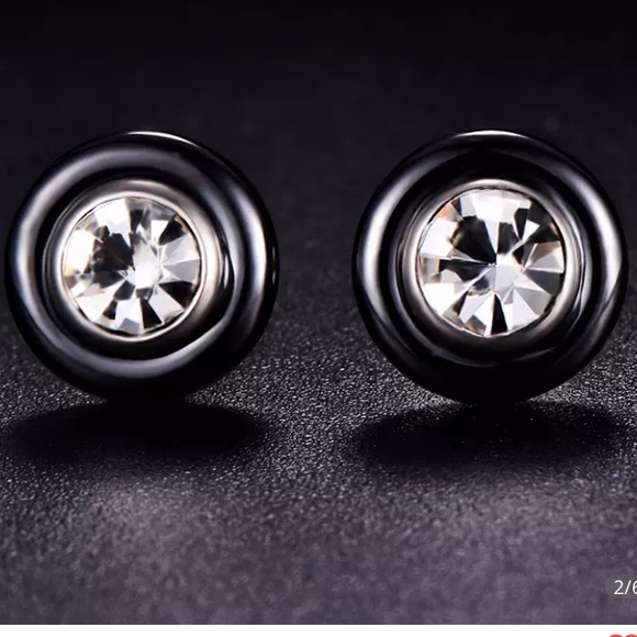 NWT Black Enamel & White Sapphire Studs Earrings - Picture 2 of 4